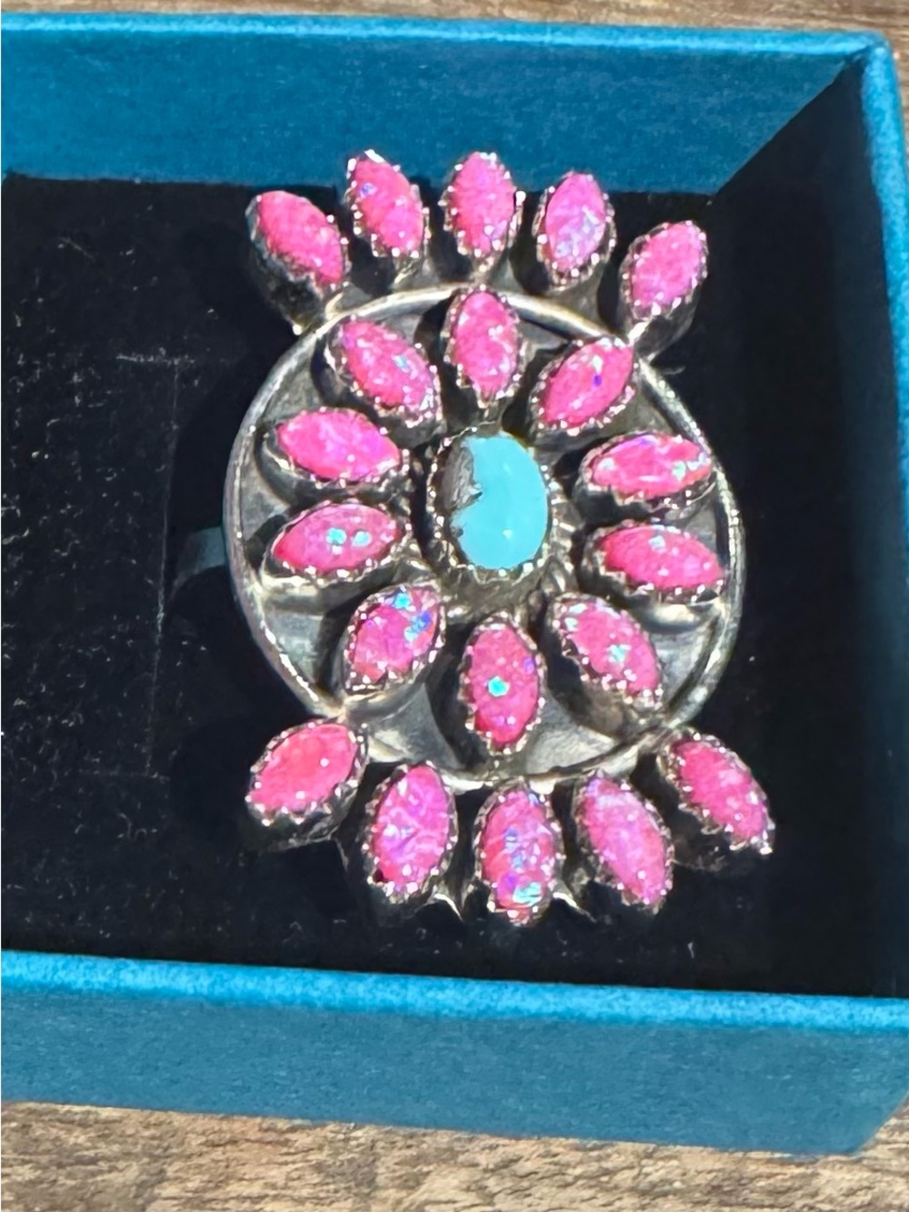 Hot pink opal Turquoise Flower Burst statement Sterling silver adjustable ring